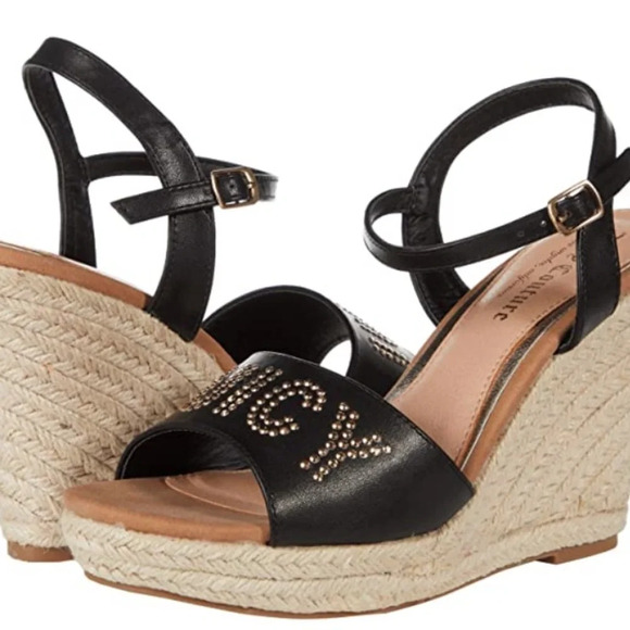 Juicy Couture Black Metal Stud Espadrille Platform Ankle Strap Wedge Sandals 9 - Picture 14 of 14
